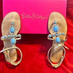 Lilly Pulitzer Gold Sandals with Turquoise Embellishments